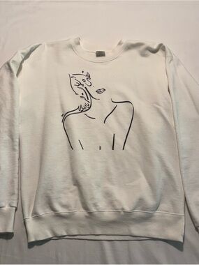 Hanes Ultimate Cotton Crewneck — White with Black Line-Art Graphic